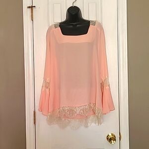 NY COLLECTION  PINK LACE-TRIM PEASANT BLAUSE